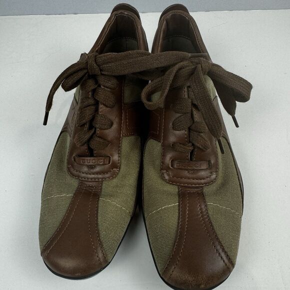 Gucci Olive Green Canvas and Leather Sneakers Size 5.5B EU35.5 Casual Sport VTG - Picture 5 of 16